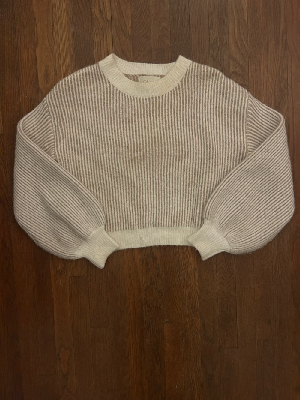 Cleobella Ribbed Balloon-Sleeve Sweater in Cream and Taupe